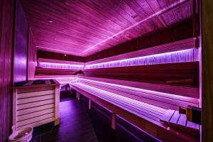 an empty sauna with purple lights in a room at Elements Hotel&Spa in Świeradów-Zdrój