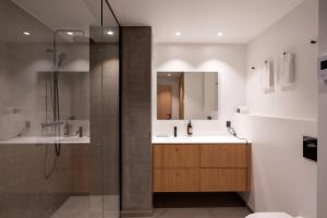 a bathroom with a sink and a shower at Nørrebrogade 209 in Copenhagen +108 photos