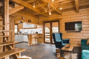 a kitchen and living room in a log cabin at Dolina Salvatore in Sarny