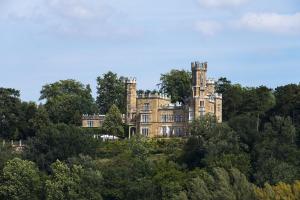een oud kasteel op een heuvel in de bomen bij Exclusive Bungalow! 4 rooms, 8 people, 2x parking in Dresden