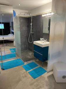 W łazience znajduje się umywalka oraz prysznic z niebieskimi dywanami. w obiekcie Villa (Loft) à Villetelle, 20 mn des plages w mieście Villetelle