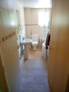 a bathroom with a white toilet and a sink at Portpatrick 2 bedroom Self Catering Flat in Portpatrick +8 photos