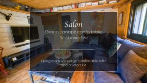 a living room with a couch and a tv at Le Noisetier - Mini Chalet 2 pers - 2min la Clusaz - AravisTour in Saint-Jean-de-Sixt