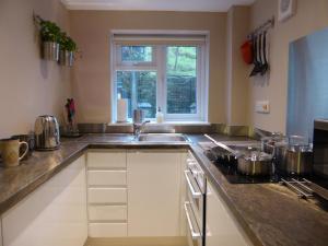 a kitchen with a sink and a stove and a window at Isfryn Cottage in Aberangell