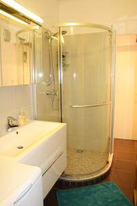 ein Bad mit einer Dusche und einer Glastür in der Unterkunft Casa Vienna in Wien