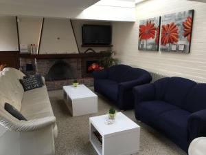 a living room with two blue couches and a fireplace at 't Reijmerhöfke in Reijmerstok