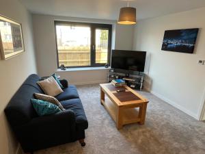 a living room with a blue couch and a coffee table at Pineapple Cottage in Thorndon