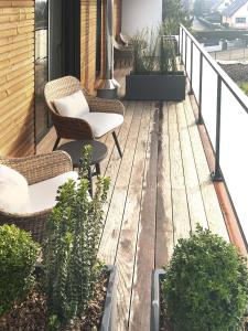 a deck with two chairs and cactus on a house at L'Escapade vintage in Eschau +26 photos