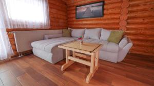 a living room with a couch and a table at Wolf House in Korenica