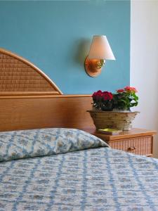 ein Schlafzimmer mit einem Bett mit einer Lampe und einer Anlage in der Unterkunft Hotel Cavalieri in Passignano sul Trasimeno