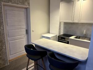 a kitchen with a counter and some chairs in it at An apartment by the Emajõgi River in Tartu