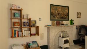 a living room with a fireplace and bookshelves at 4 Friends House in Edinburgh