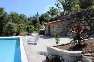 a patio with a pool and a chair and a house at Renoviertes Landhaus Für 7 Personen In Tondela in Tondela