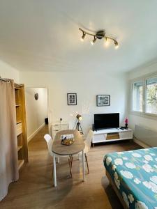 sala de estar con 1 cama, 1 mesa y 1 habitación en Le Petit Gambetta, en Charleville-Mézières