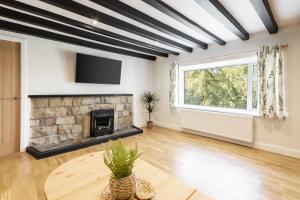 a living room with a stone fireplace and a tv at Rigg Farm Cottage - NR Whitby in Stainsacre