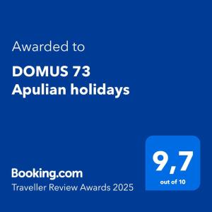 Certifikát, hodnocení, plakát nebo jiný dokument vystavený v ubytování DOMUS 73 Apulian holidays