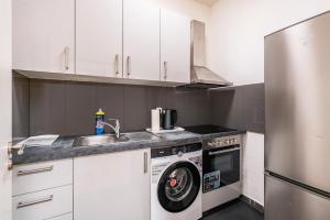 una cocina con lavadora y fregadero en Aldars 9, en Múnich