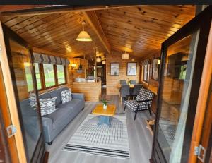 Sala de estar de un vagón de tren con sofá y mesa en Hickling Broads Lodge Houseboat, en Stalham 17 fotos más