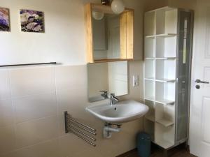 un baño con lavabo y espejo en Ferienwohnung Turmblick, en Marienrachdorf