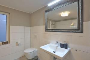 a bathroom with a toilet and a sink and a mirror at BLUMENSTIL Ferienwohnungen in Bad Salzungen