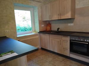 a kitchen with a counter top and a window at Burgblick-Fewo Töpfer in Annweiler am Trifels