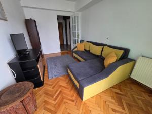 a living room with a couch and a tv at Central Apartment Targu Mures - Best view in town in Târgu-Mureş +8 photos