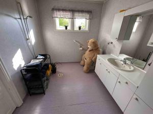 a teddy bear sitting in the corner of a bathroom at Stort hus på Fen i Ulefoss i rolige omgivelser in Ulefoss +7 photos