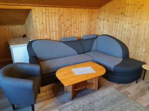 a living room with a couch and a table at Landhof Kützin Ferienhaus 4 Meise in Wulfskuhl +8 photos