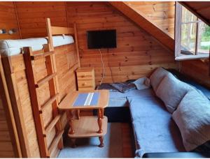 a room with a couch and a bed in a cabin at PanTuszka Pokoje in Pobierowo +14 photos