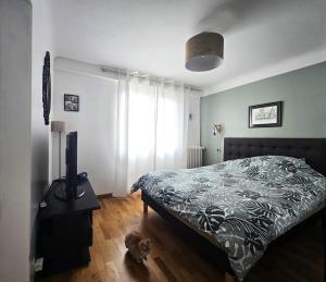 a bedroom with a bed and a television on a wooden floor at la maison de caramel in Le Mans