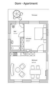 Un plano de una casa con un apartamento. en Dom-Apartment im Herrenhaus Rheinblick, en Xanten
