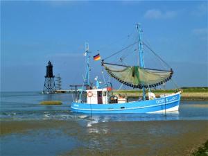a small blue boat in the water on the beach at de ebb in Dorum-Neufeld +4 photos