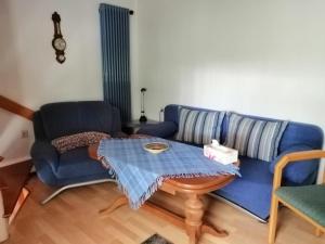 a living room with a blue couch and a table at Hasenecke in Bad Salzungen +17 photos
