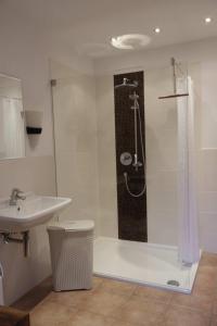 a bathroom with a shower and a sink at Boddenblick 3B in Fuhlendorf