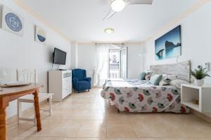 a bedroom with a bed and a desk and a tv at MalagaSuite El Levante Apartments in Torremolinos