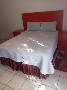 a bed with a red headboard and white sheets at Simekhona Guest House in Aangewysd