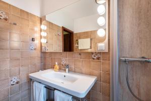 a bathroom with a sink and a mirror at Ferienwohnungen Kastenmüller in Westerdeichstrich +69 photos