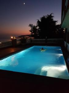 a person swimming in a large blue pool at night at Cortijo de la luz App Sol in Almuñécar