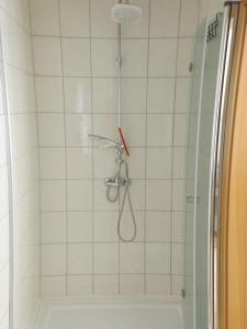 a shower with a red toothbrush in a bathroom at FerienwohnungFerienhaus Waldblick Wienrode in Wienrode