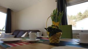 een eettafel met een mand met bloemen erop bij Mobilheim Küstenschwalbe am Kransburger See 553 in Kransburg +11 foto's