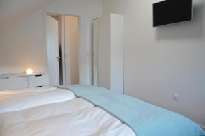 a bedroom with a bed with a television on the wall at Ferienwohnung Seepanorama in Groß Wittensee +16 photos