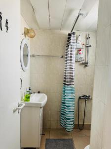 a bathroom with a sink and a shower at Marielenas in Larnaca
