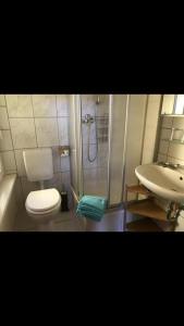 a bathroom with a toilet and a shower and a sink at Waldoase 2 in Rheinsberg