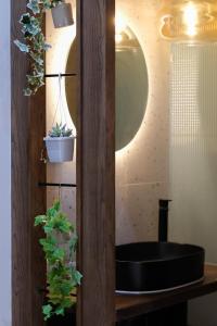 a bathroom with a black sink and potted plants at NAMstay Villa - Novaworld Phan Thiet in Bình Tú