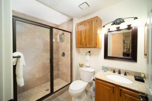 a bathroom with a shower and a toilet and a sink at Cozy Enclave Bursting with Amenities in Lago Vista