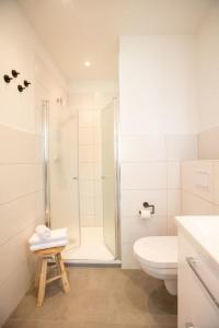 a white bathroom with a shower and a toilet at Apartment No2 in Stralsund +6 photos
