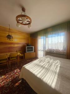 a bedroom with a bed and a table and a television at Noclegi u Janika in Mizerna