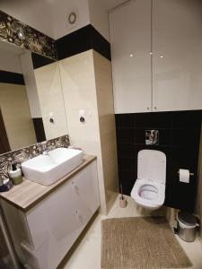 a bathroom with a white toilet and a sink at Apartament Ełk Tuwima 5 in Ełk +1 photo