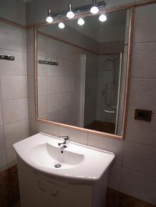 ラブラにあるFerienwohnung im Haus Texel IIIの洗面台と大きな鏡のあるバスルーム