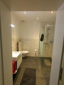 un bagno con doccia, lavandino e WC di Gästehaus Schinna a Stolzenau Altre 29 foto